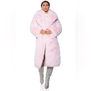 AKIRA BEAR HUG LONGLINE LUXE FAUX FUR TRENCH COAT IN PINK LG NWT